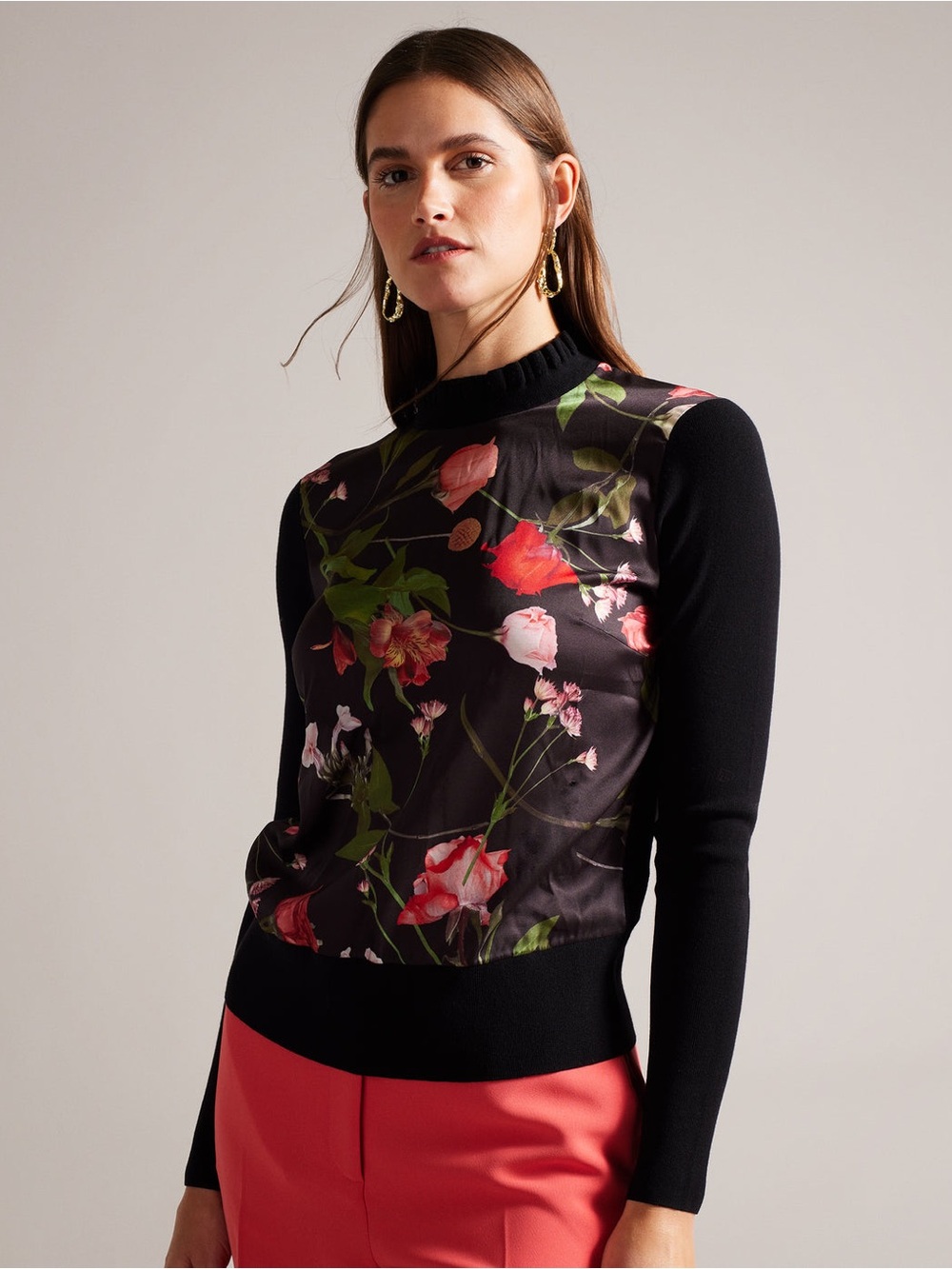 Ted Baker Frasie Floral Mixed Media Sweater Top Size 5 US 12